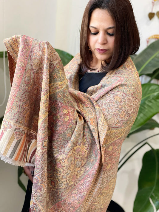 Lite Brown Woven Kaani Jaal Pashmina Stole - Masakalee