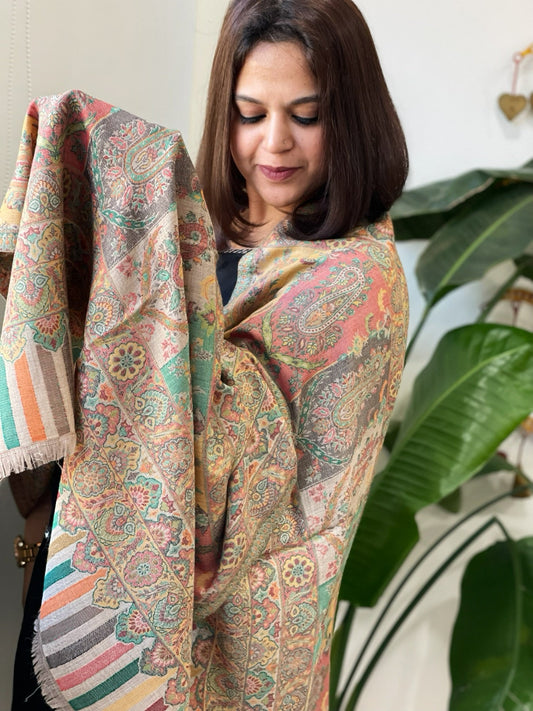 Lite Brown Woven Kaani Jaal Pashmina Stole - Masakalee