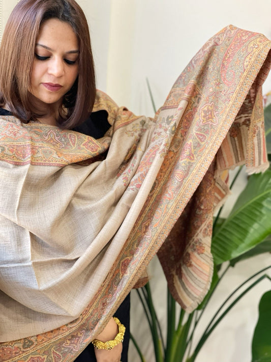 Lite Brown Woven Kaani Jaal Pashmina Stole - Masakalee