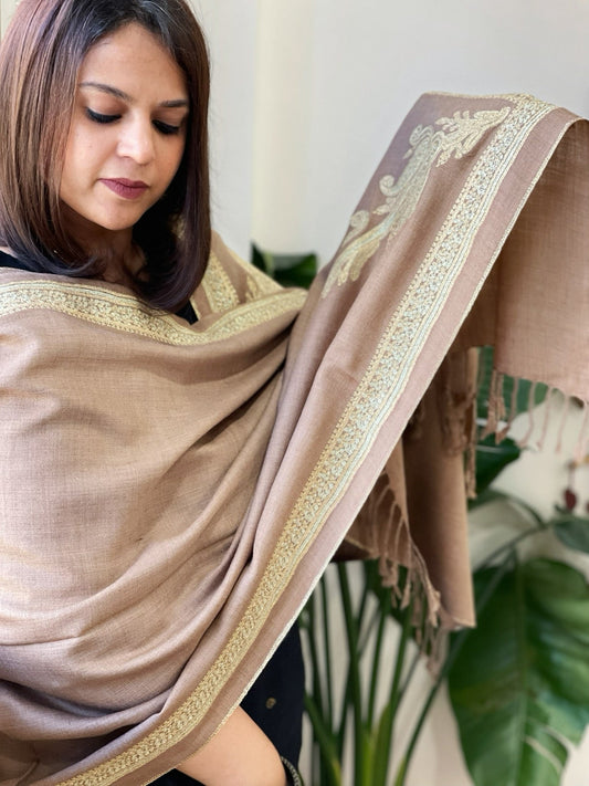 Lite Brown Woven Pashmina Stole with Aari Embroidery - Masakalee