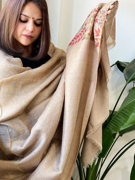 Lite Brown Woven Pashmina Zari Shawl with Kaani Pallu - Masakalee