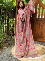Lite Chocolate Kashmiri Aari Embroidered Dupatta in Geecha Silk - Masakalee
