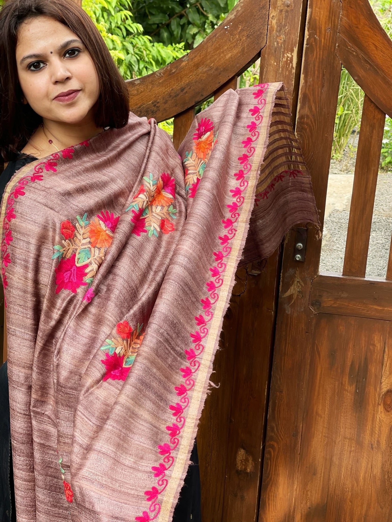 Lite Chocolate Kashmiri Aari Embroidered Dupatta in Geecha Silk - Masakalee