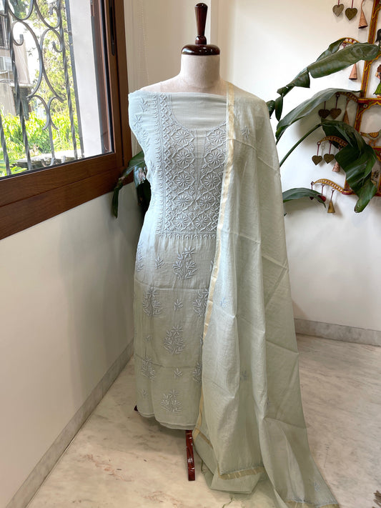 Lite Dusty Green Suit Set with Lucknowi Handwork in Pure Mul Chanderi - Masakalee