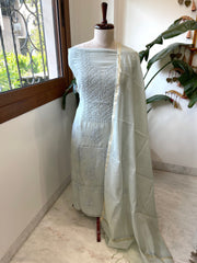 Lite Dusty Green Suit Set with Lucknowi Handwork in Pure Mul Chanderi - Masakalee