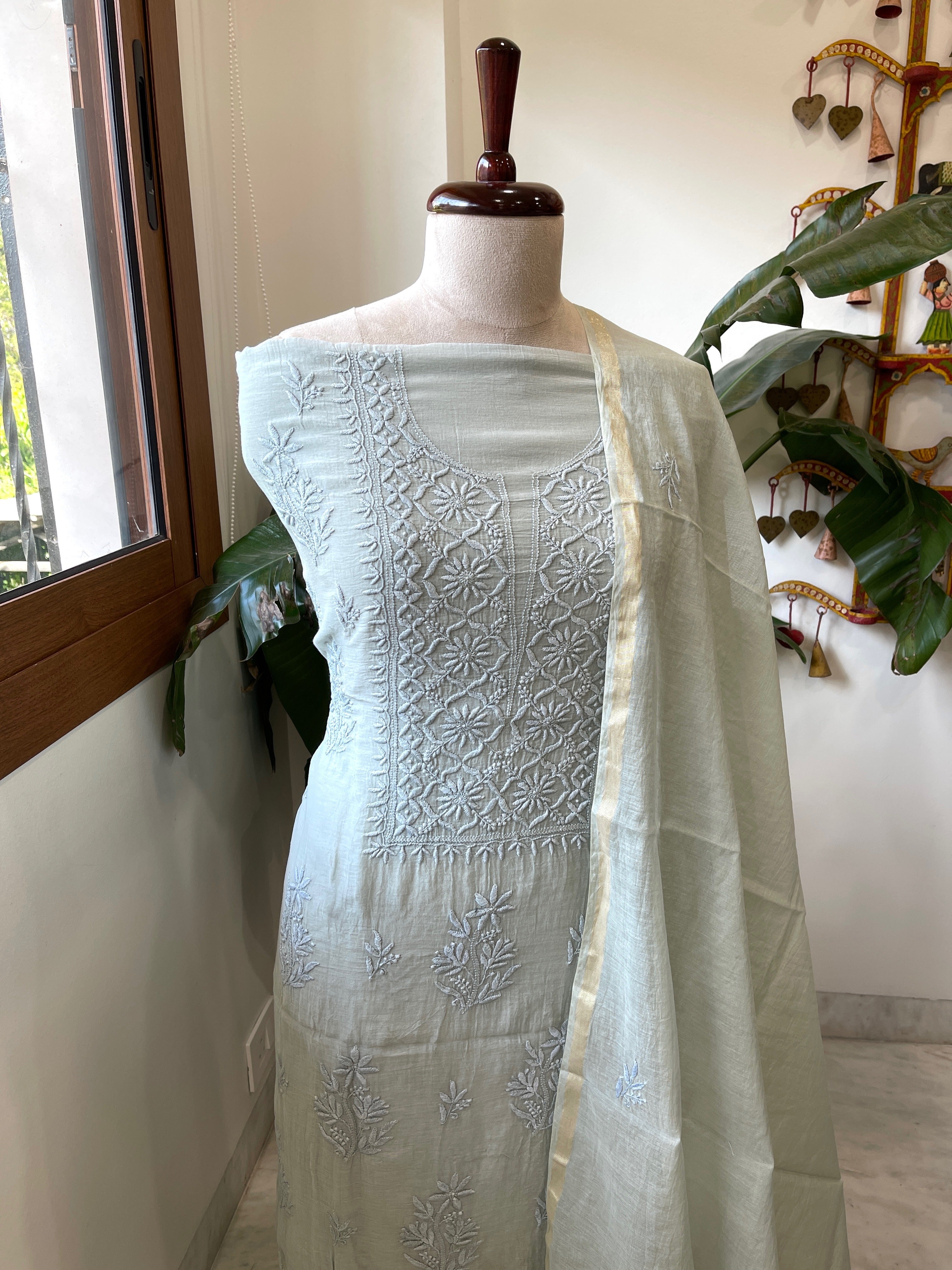 Lite Dusty Green Suit Set with Lucknowi Handwork in Pure Mul Chanderi - Masakalee