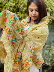 Lite Lime Handmade Phulkari Dupatta in Pure Chinon with Gota Handwork - Masakalee