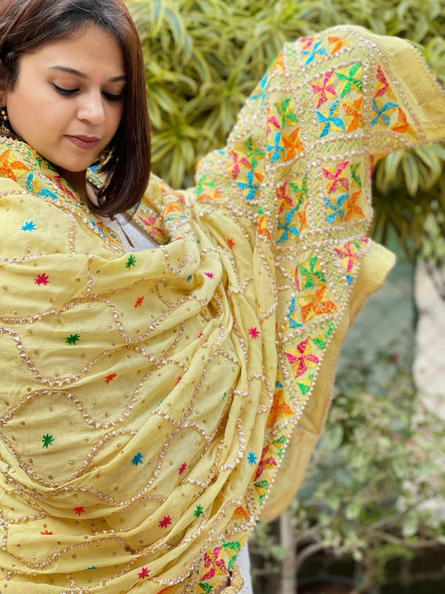 Lite Lime Handmade Phulkari Dupatta in Pure Chinon with Gota Handwork - Masakalee