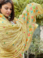 Lite Lime Handmade Phulkari Dupatta in Pure Chinon with Gota Handwork - Masakalee
