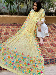 Lite Lime Handmade Phulkari Dupatta in Pure Chinon with Gota Handwork - Masakalee