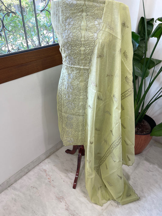 Lite Olive Green Mul Chanderi Suit Set with Cut Work - Masakalee