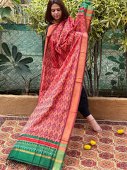 Lite Orange Handwoven Ikat Dupatta Pure Silk - Cotton - Masakalee