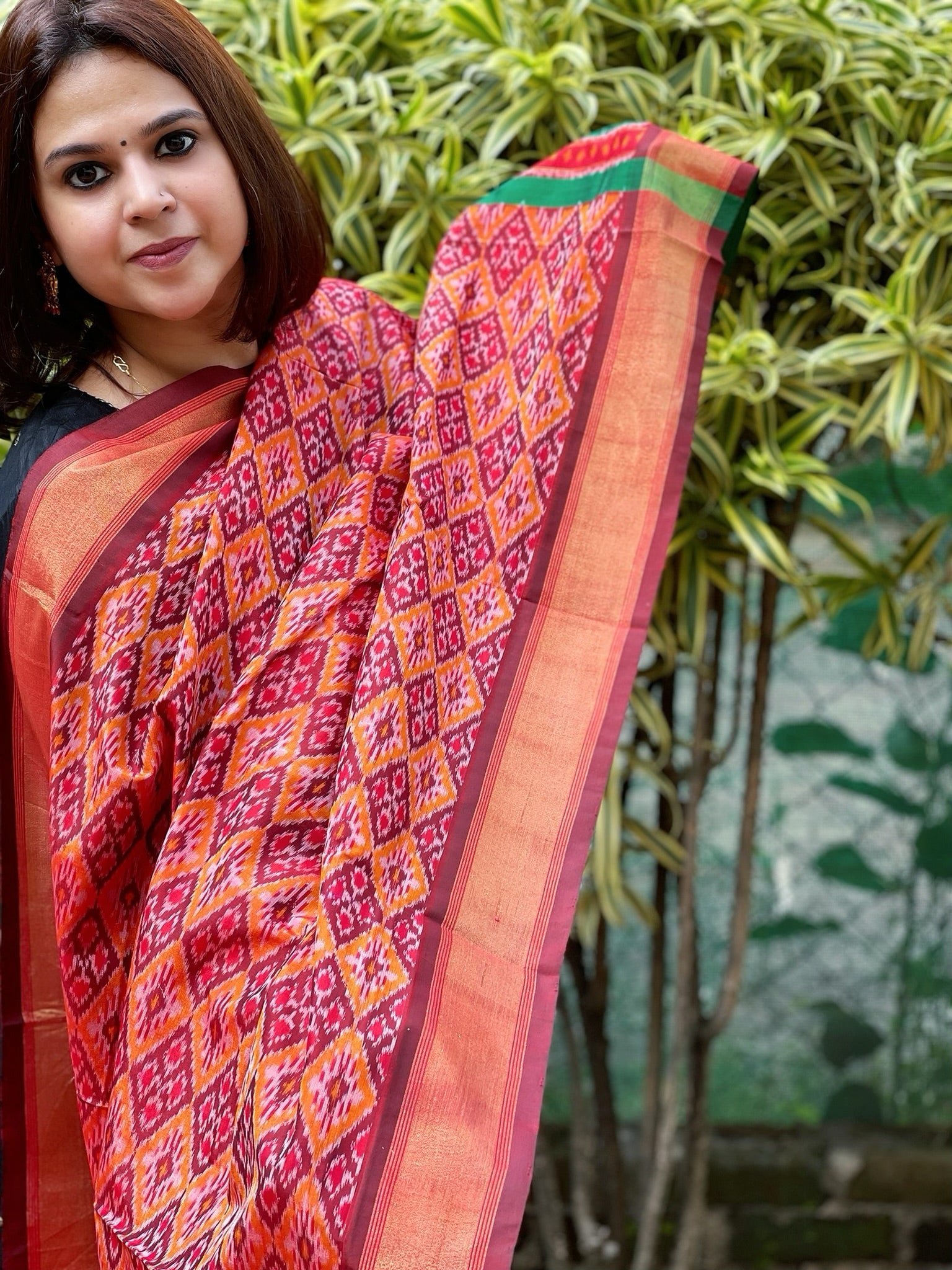 Lite Orange Handwoven Ikat Dupatta Pure Silk - Cotton - Masakalee