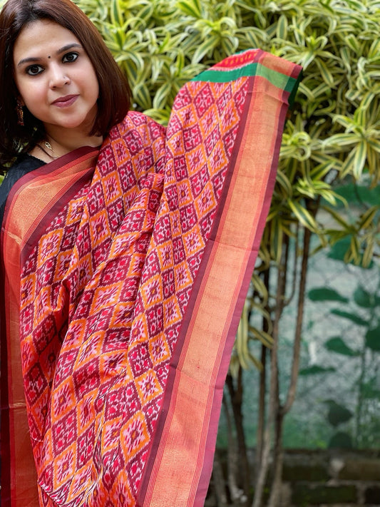 Lite Orange Handwoven Ikat Dupatta Pure Silk - Cotton - Masakalee