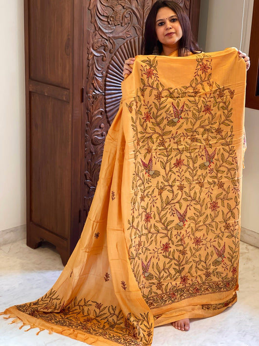 Lite Orange Suit Set with Kantha Handwork in Pure Tussar Silk - Masakalee