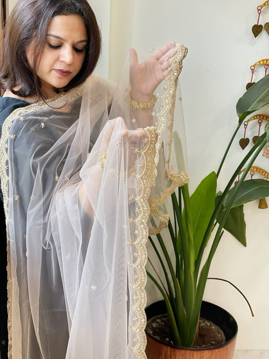 Lite Peach Net Dupatta with Pearl, Sequin and Cut Daana Embroidery - Masakalee