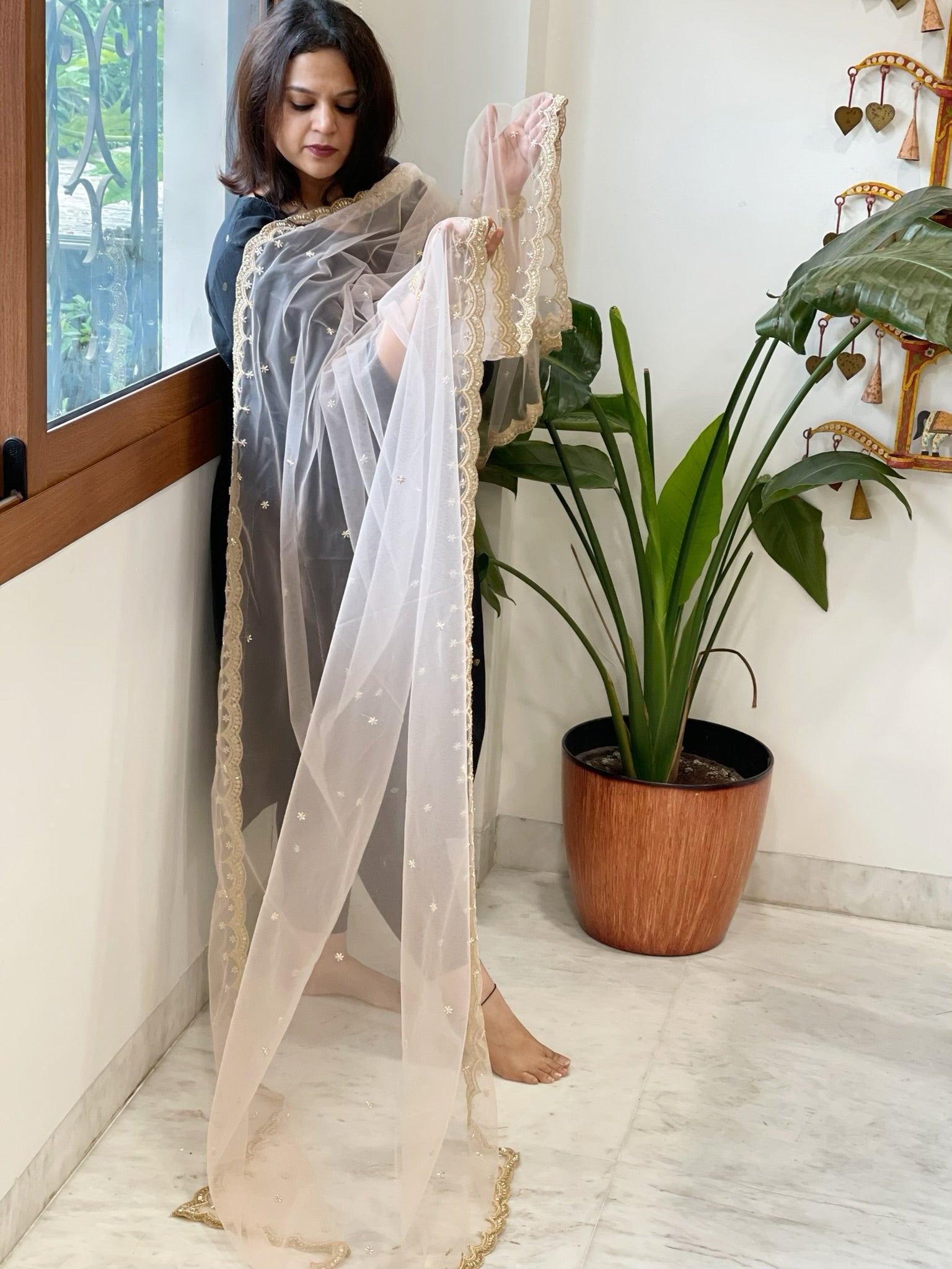 Lite Peach Net Dupatta with Pearl, Sequin and Cut Daana Embroidery - Masakalee