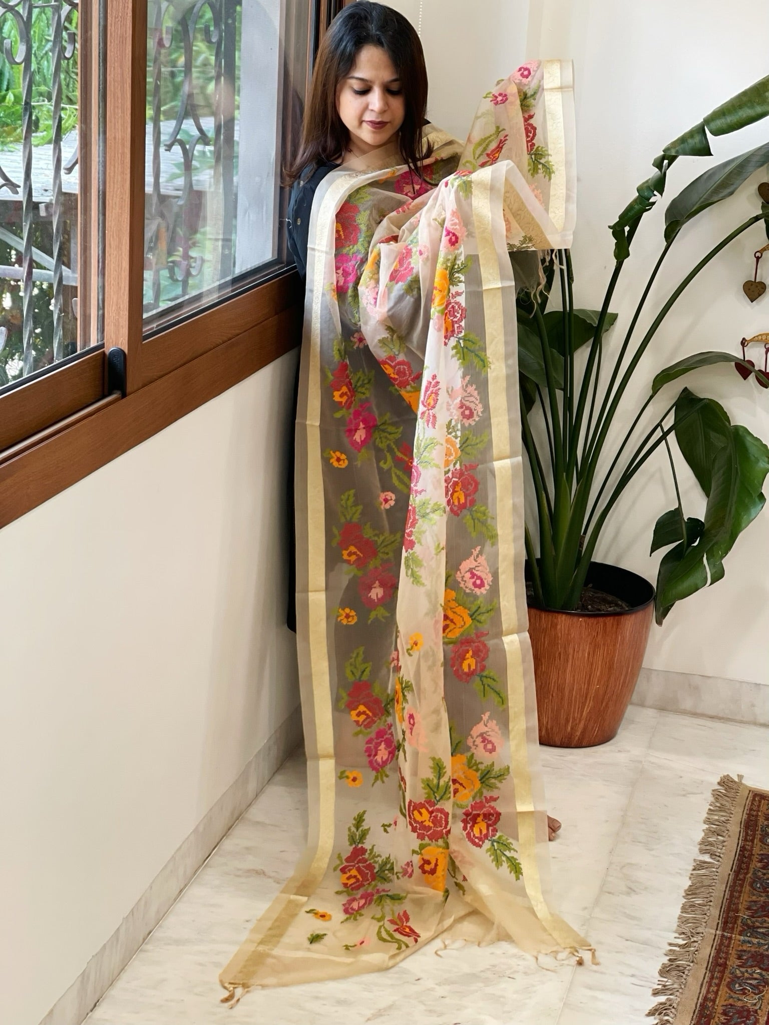 Lite Peach Organza Dupatta with cross - stitch embroidery - Masakalee