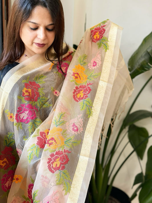 Lite Peach Organza Dupatta with cross - stitch embroidery - Masakalee