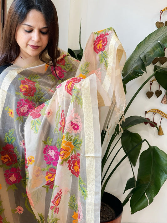 Lite Peach Organza Dupatta with cross - stitch embroidery - Masakalee