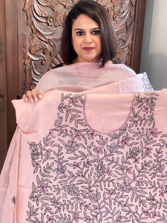 Lite Peach Suit Set with Kantha Handwork in Pure Tussar Silk - Masakalee