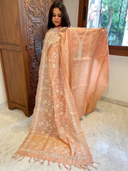 Lite Peach Suit Set with Thread Embroidery in Pure Tussar Silk - Masakalee