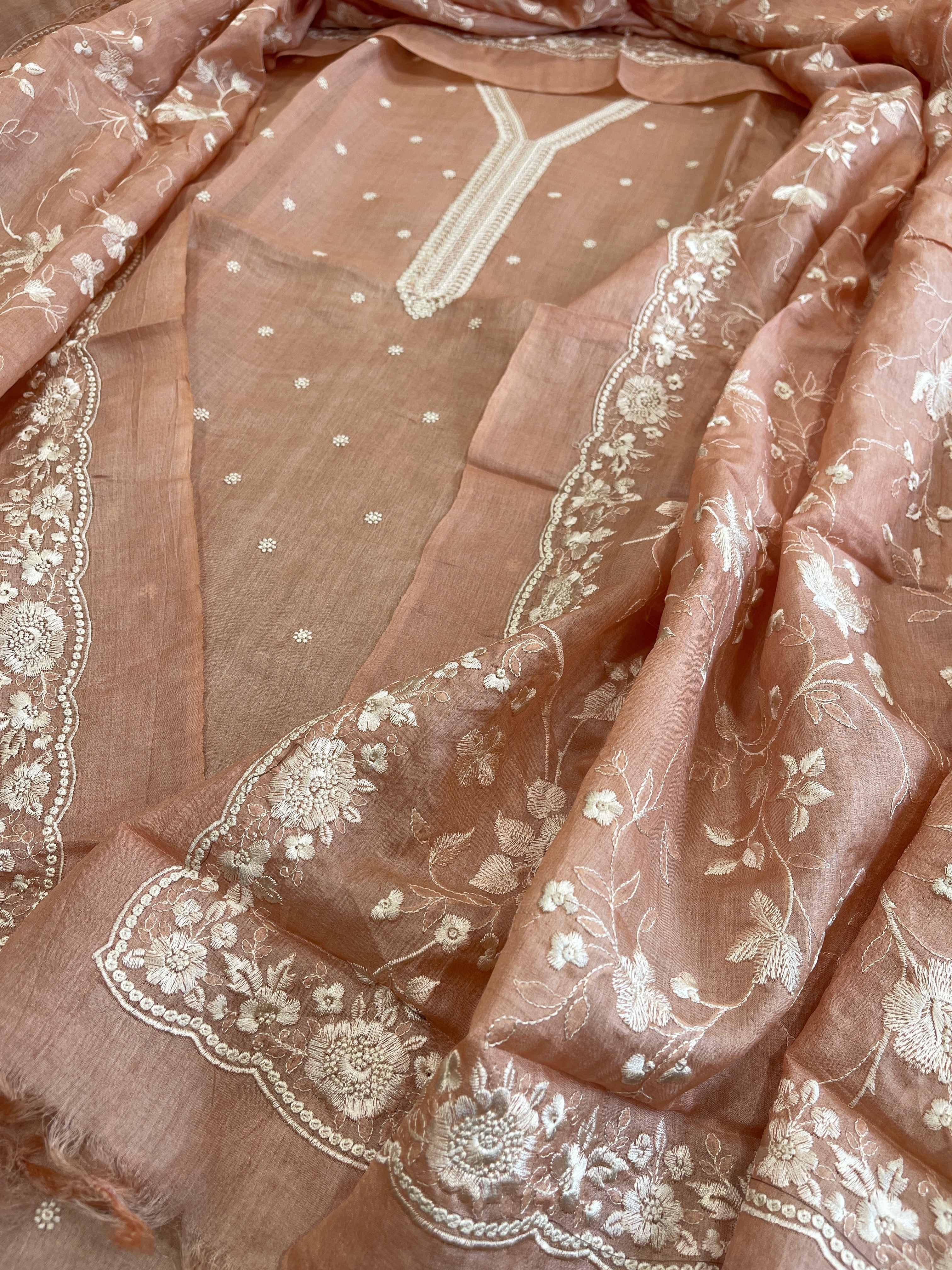 Lite Peach Suit Set with Thread Embroidery in Pure Tussar Silk - Masakalee