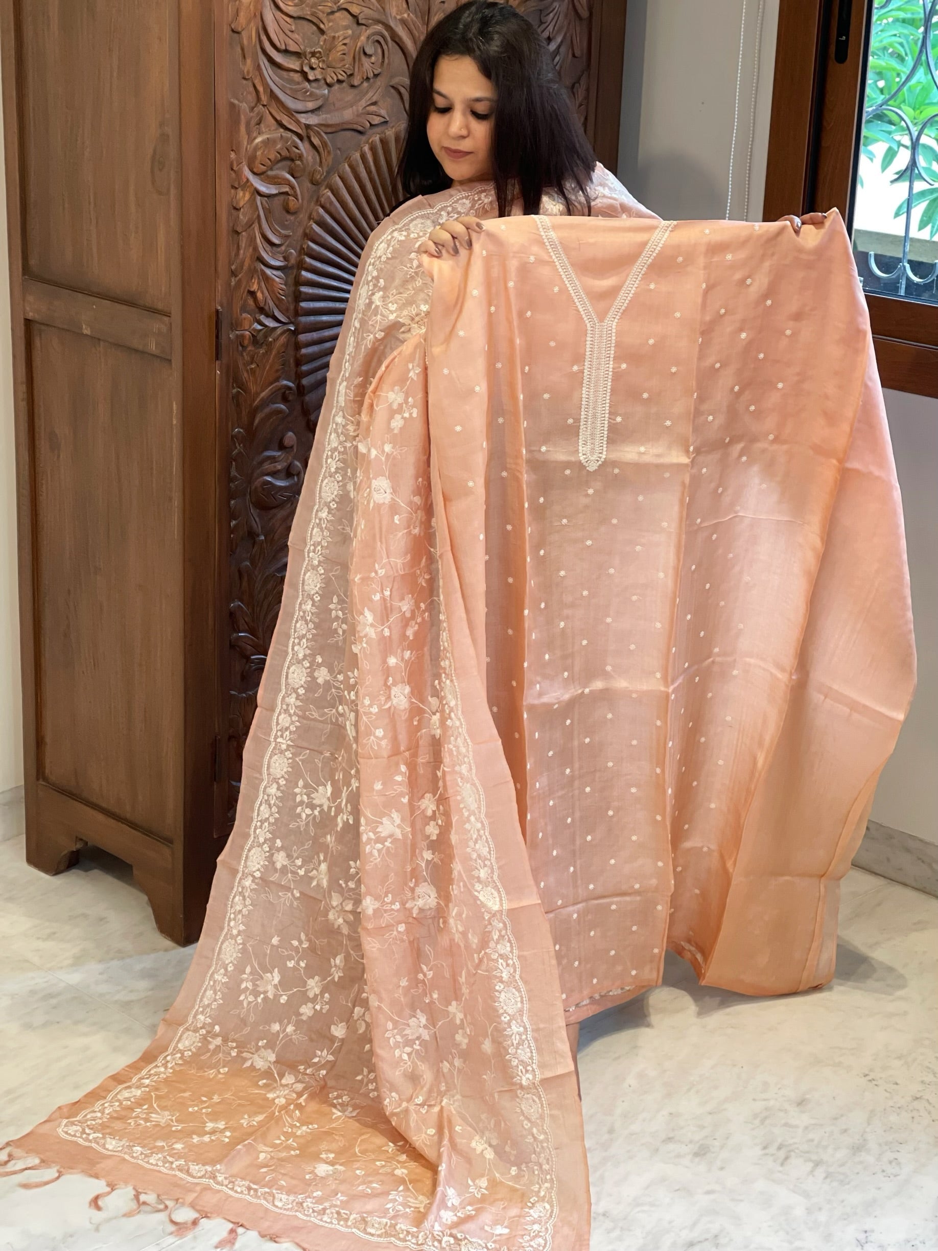 Lite Peach Suit Set with Thread Embroidery in Pure Tussar Silk - Masakalee