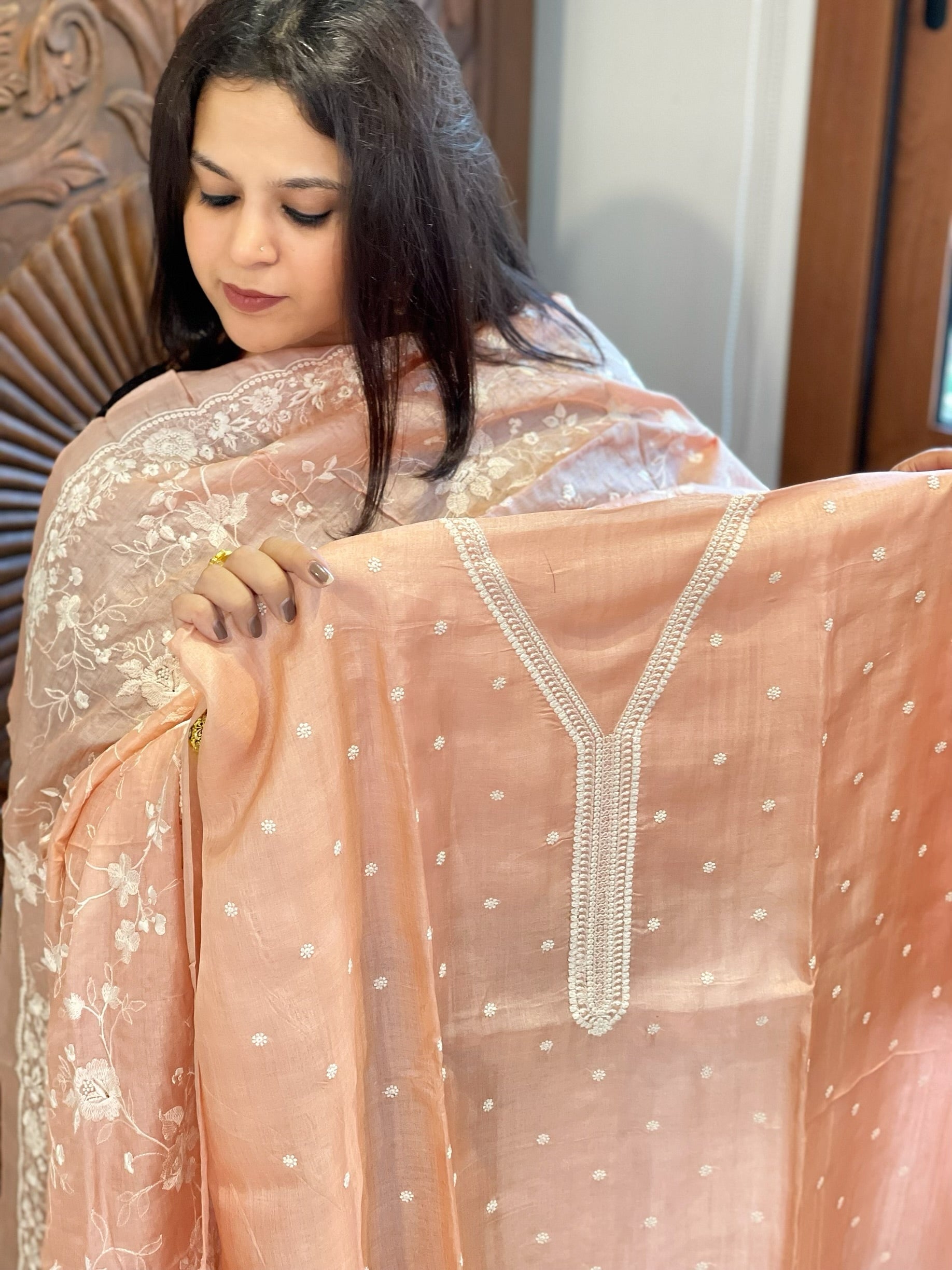 Lite Peach Suit Set with Thread Embroidery in Pure Tussar Silk - Masakalee