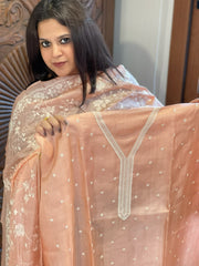 Lite Peach Suit Set with Thread Embroidery in Pure Tussar Silk - Masakalee