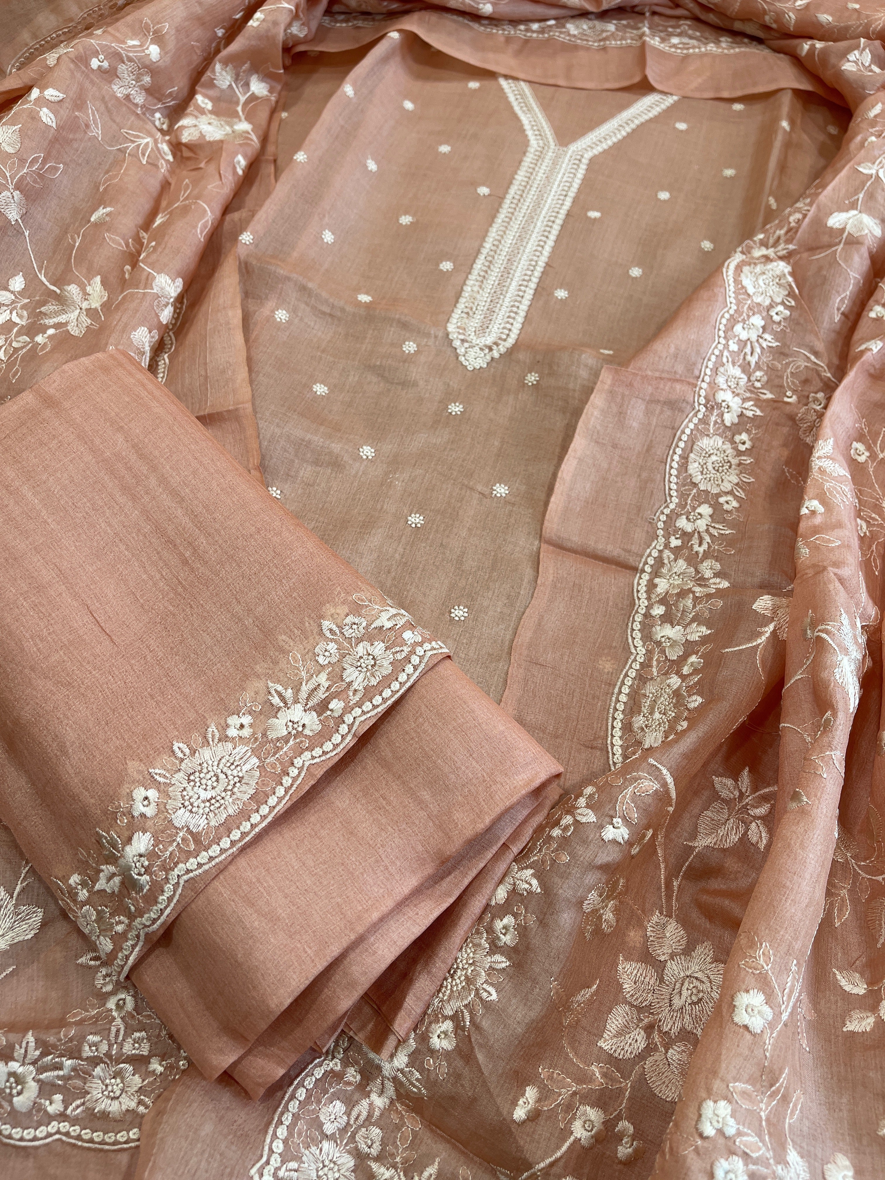 Lite Peach Suit Set with Thread Embroidery in Pure Tussar Silk - Masakalee