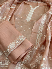 Lite Peach Suit Set with Thread Embroidery in Pure Tussar Silk - Masakalee