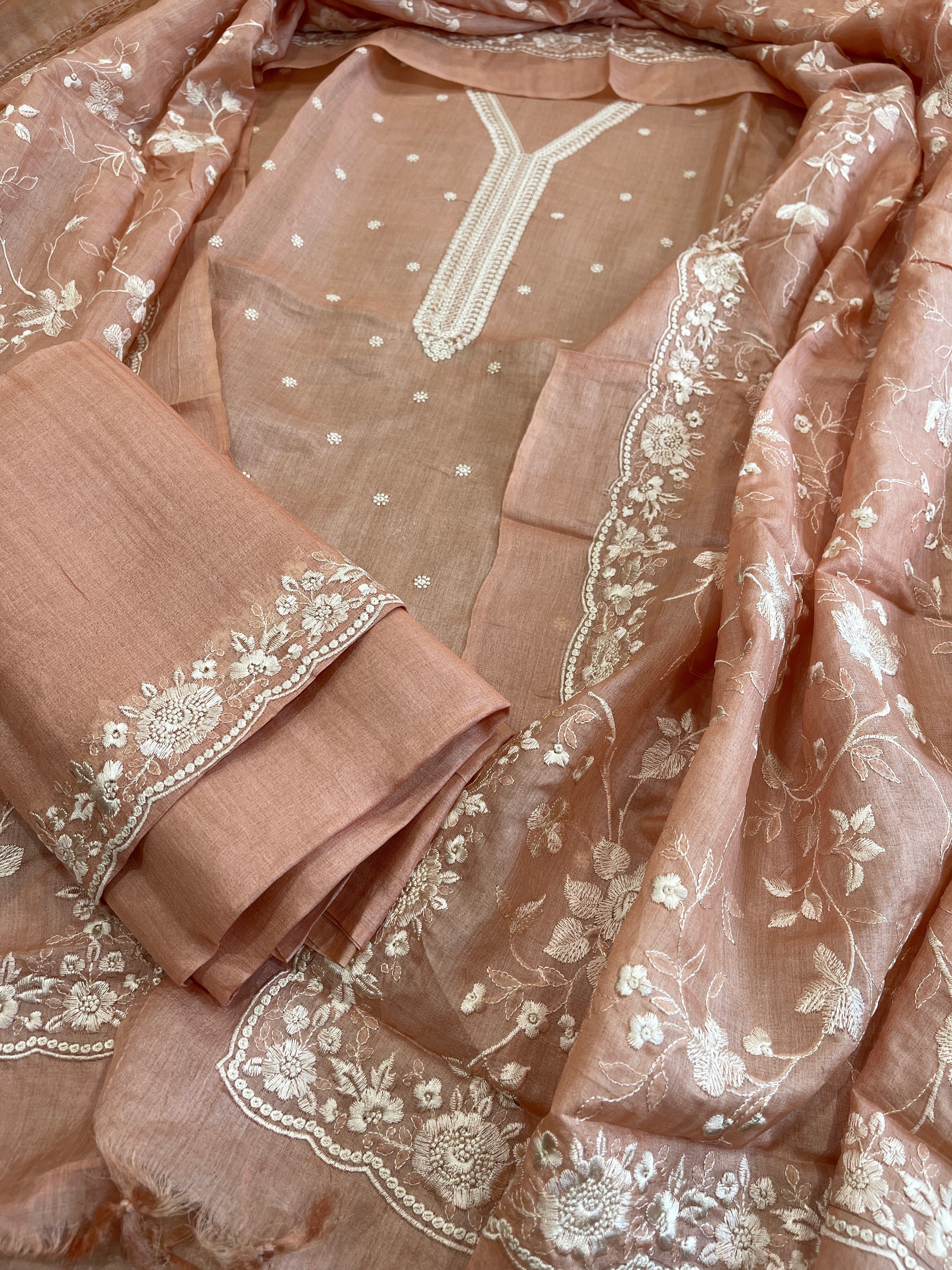 Lite Peach Suit Set with Thread Embroidery in Pure Tussar Silk - Masakalee