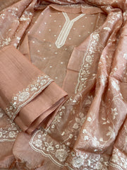 Lite Peach Suit Set with Thread Embroidery in Pure Tussar Silk - Masakalee