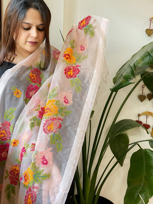 Lite Peachish Pink Organza Dupatta with cross - stitch embroidery - Masakalee