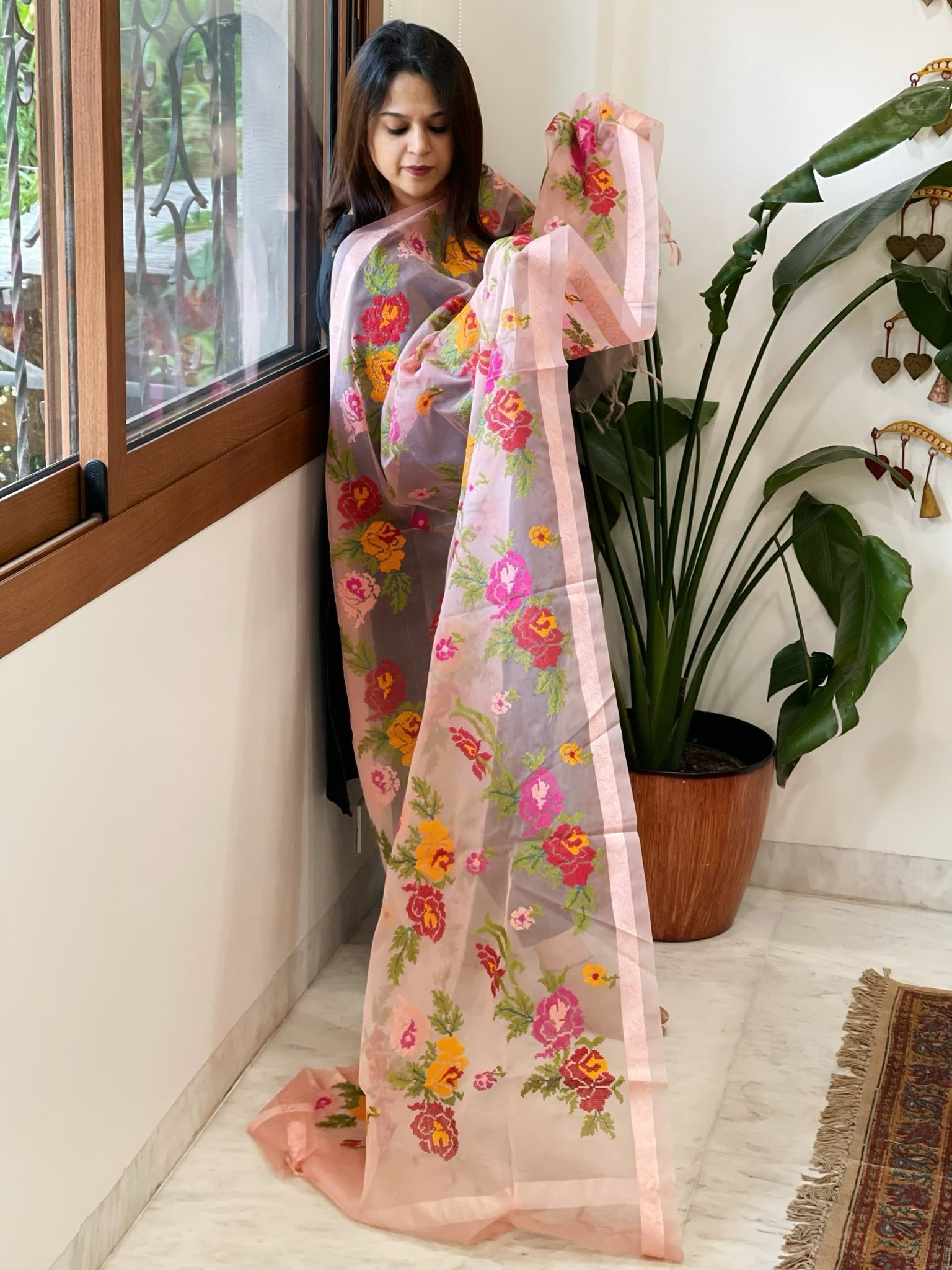 Lite Peachish Pink Organza Dupatta with cross - stitch embroidery - Masakalee
