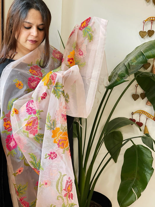 Lite Peachish Pink Organza Dupatta with cross - stitch embroidery - Masakalee