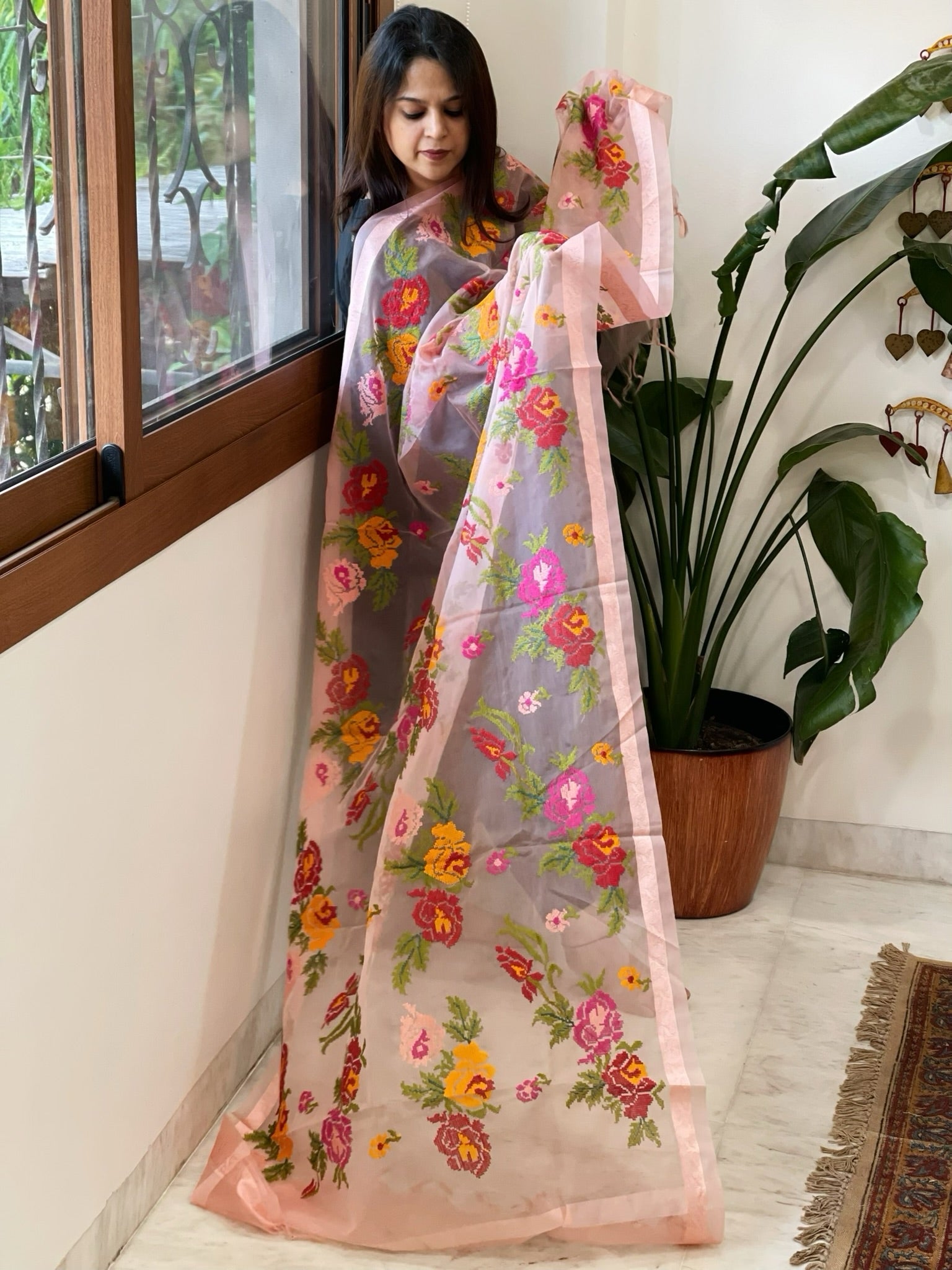 Lite Peachish Pink Organza Dupatta with cross - stitch embroidery - Masakalee