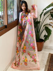 Lite Peachish Pink Organza Dupatta with cross - stitch embroidery - Masakalee