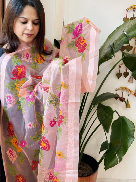 Lite Peachish Pink Organza Dupatta with cross - stitch embroidery - Masakalee