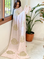 Lite Pink Crepe Dupatta with Pearl, Cut Daana, Gold Thread & Sequin Embroidery - Masakalee