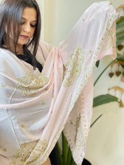 Lite Pink Crepe Dupatta with Pearl, Cut Daana, Gold Thread & Sequin Embroidery - Masakalee