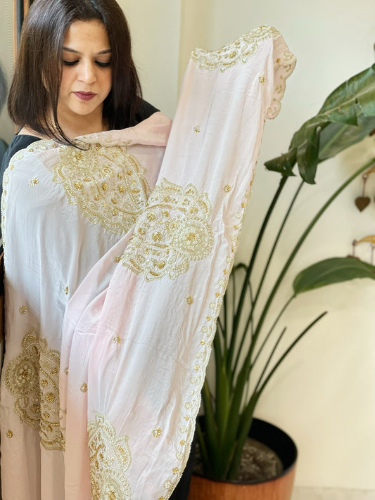 Lite Pink Crepe Dupatta with Pearl, Cut Daana, Gold Thread & Sequin Embroidery - Masakalee