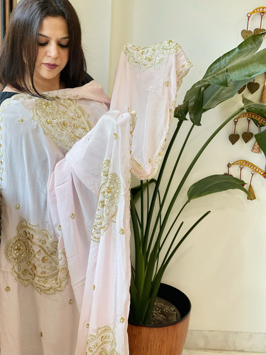 Lite Pink Crepe Dupatta with Pearl, Cut Daana, Gold Thread & Sequin Embroidery - Masakalee