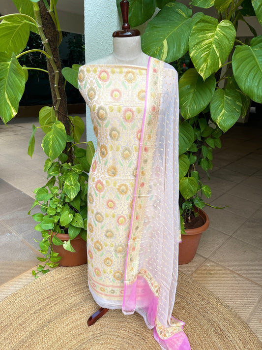 Lite Pink Handwoven Khaddi 3 - Piece Suit Set in Pure Georgette - Masakalee