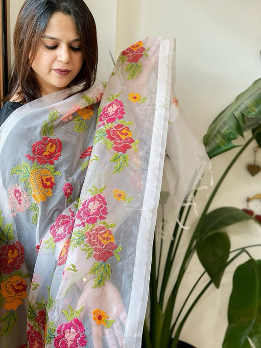 Lite Pink Organza Dupatta with cross - stitch embroidery - Masakalee