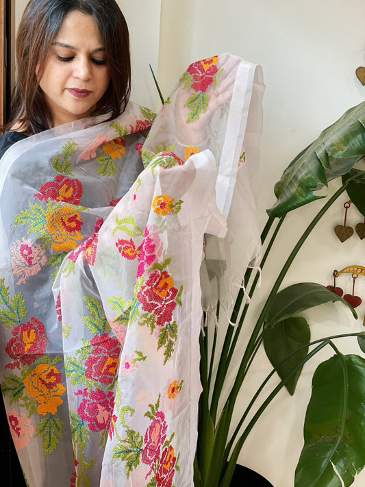 Lite Pink Organza Dupatta with cross - stitch embroidery - Masakalee