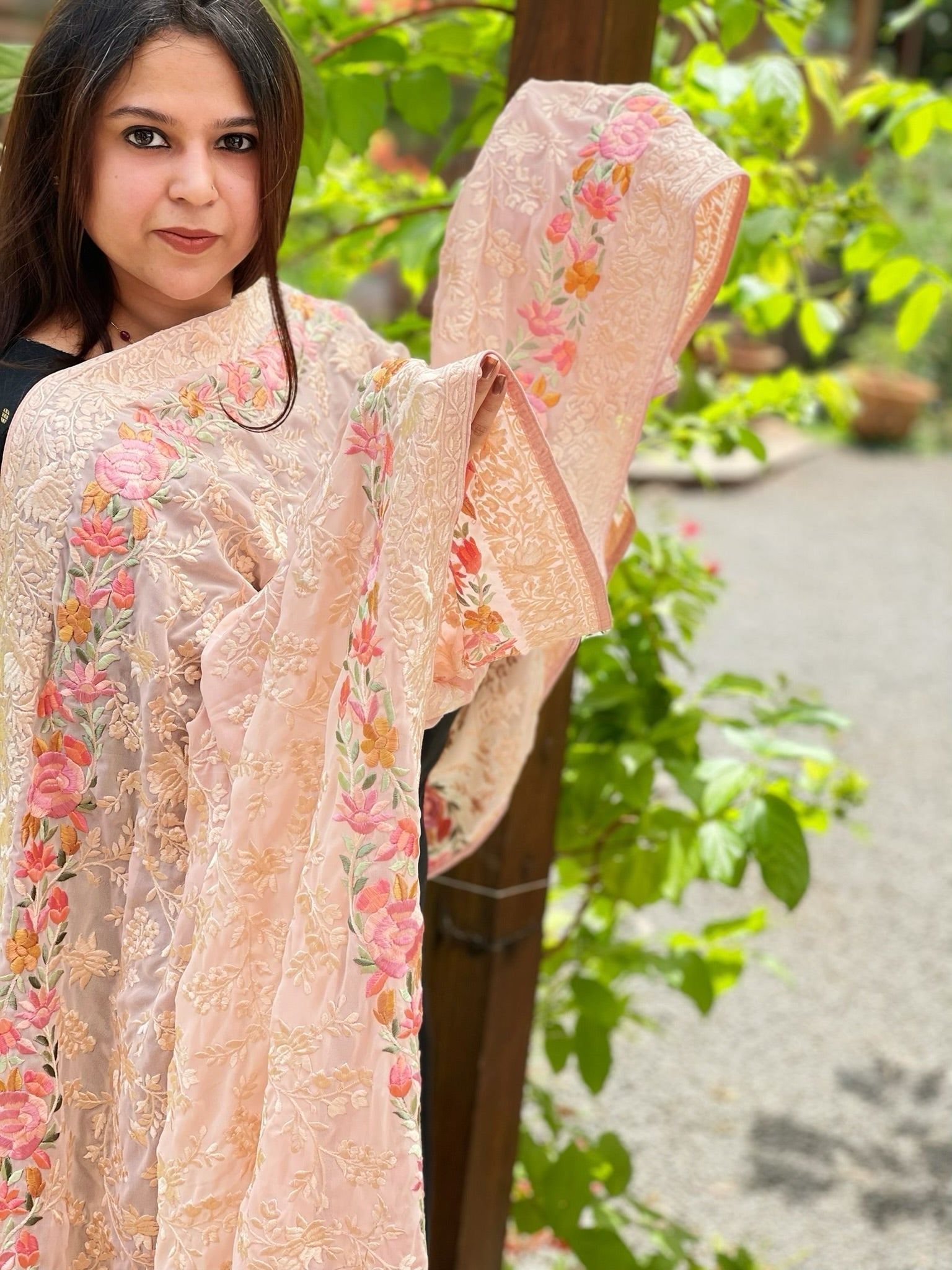 Lite Pink Parsi Gara Embroidery Dupatta in Georgette - Masakalee
