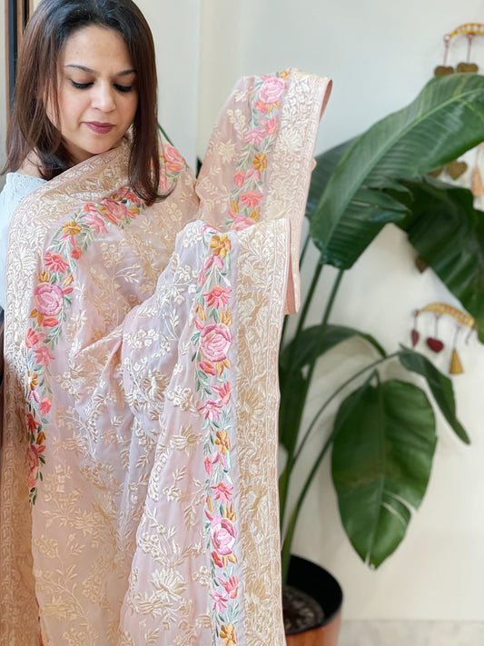 Lite Pink Parsi Gara Embroidery Dupatta in Georgette - Masakalee