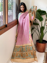 Lite Pink Rai Bandhej Dupatta with Kantha Handwork in Pure Munga Tussar Silk - Masakalee